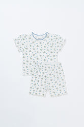 Avauma Petit Ruffle Bluebell short sleeve set, baby girl's summer outfit with bluebell floral print, ruffle sleeves, and matching shorts on white background.